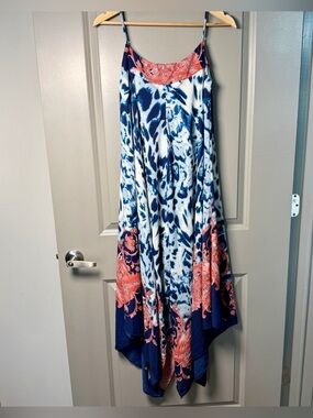 Boston Proper Satin Boho Whimsy Maxi Dress | Navy & Coral Abstract Print Size 6